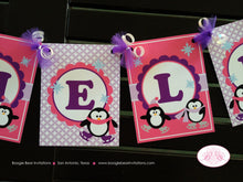Load image into Gallery viewer, Ice Skating Birthday Party Banner Penguin Pink Purple Girl Little Winter Pond Name 1st 2nd 3rd 4th Boogie Bear Invitations Rochelle Theme
