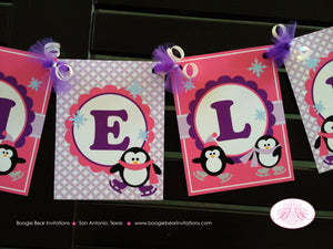 Ice Skating Birthday Party Banner Penguin Pink Purple Girl Little Winter Pond Name 1st 2nd 3rd 4th Boogie Bear Invitations Rochelle Theme