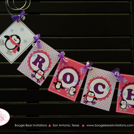 Ice Skating Birthday Party Banner Penguin Pink Purple Girl Little Winter Pond Name 1st 2nd 3rd 4th Boogie Bear Invitations Rochelle Theme