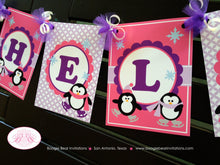 Load image into Gallery viewer, Ice Skating Birthday Party Banner Penguin Pink Purple Girl Little Winter Pond Name 1st 2nd 3rd 4th Boogie Bear Invitations Rochelle Theme