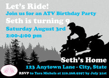 Load image into Gallery viewer, ATV Birthday Party Invitation Blue Black Quad Boy Girl All Terrain Vehicle Racing 4 Wheeler Trail Boogie Bear Invitations Seth Theme Printed