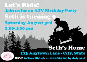 ATV Birthday Party Invitation Blue Black Quad Boy Girl All Terrain Vehicle Racing 4 Wheeler Trail Boogie Bear Invitations Seth Theme Printed