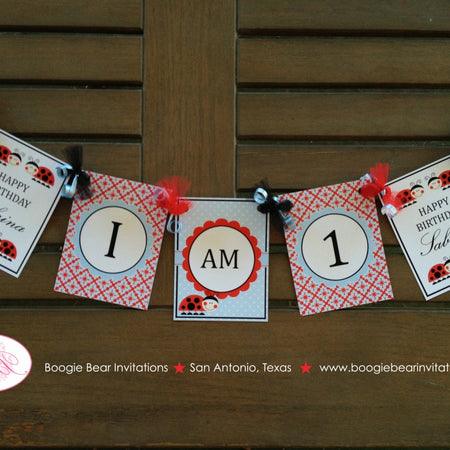 Red Ladybug I am 1 Highchair Banner Birthday Party Little Lady Bug Hunt Girl Black Blue Picnic Garden Boogie Bear Invitations Sabrina Theme