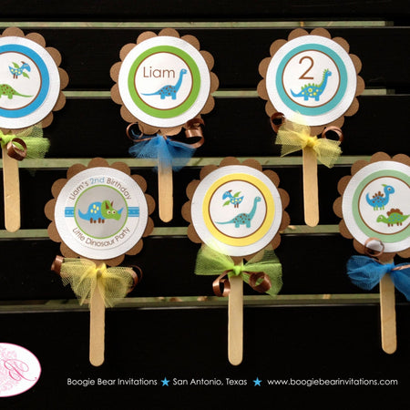 Little Dinosaur Party Cupcake Toppers Birthday Dino Boy Girl Retro Green Yellow Blue Brown Prehistoric Boogie Bear Invitations Liam Theme