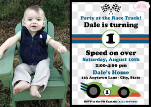 Race Car Photo Birthday Party Invitation Boy Girl Racing Track Grand Prix Boogie Bear Invitations Dale Theme Paperless Printable Printed
