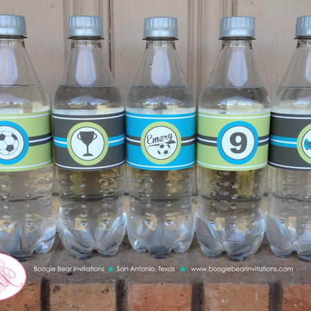 Retro Soccer Birthday Party Bottle Wraps Set Label Cover Boy Girl Ball Goal Sports Lime Green Teal Blue Boogie Bear Invitations Emery Theme
