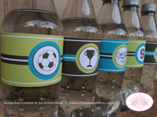 Load image into Gallery viewer, Retro Soccer Birthday Party Bottle Wraps Set Label Cover Boy Girl Ball Goal Sports Lime Green Teal Blue Boogie Bear Invitations Emery Theme