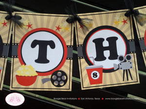 Movie Theater Happy Birthday Party Banner Motion Picture Boy Girl Retro Cinema Art Deco Gold Film Actor Boogie Bear Invitations Lonnie Theme