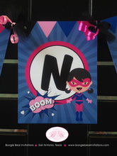 Load image into Gallery viewer, Super Girl Birthday Party Name Banner Hero Superhero Pink Navy Blue Cityscape Black Hero Pow Boom Retro Boogie Bear Invitations Dinah Theme