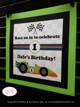 Load image into Gallery viewer, Race Car Birthday Party Door Banner Driver Boy Racing Orange Green Blue Black Checkered Flag Grand Prix Boogie Bear Invitations Dale Theme