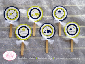 Baby Shower Elephant Cupcake Toppers Set Little Boy Party Navy Blue Lime Green Heart Circle Wild Retro Boogie Bear Invitations Sloane Theme