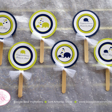 Baby Shower Elephant Cupcake Toppers Set Little Boy Party Navy Blue Lime Green Heart Circle Wild Retro Boogie Bear Invitations Sloane Theme