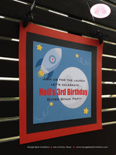 Load image into Gallery viewer, Outer Space Birthday Party Door Banner Planets Stars Moon Rocket Ship Mission Galaxy Travel Earth Orbit Boogie Bear Invitations Neil Theme
