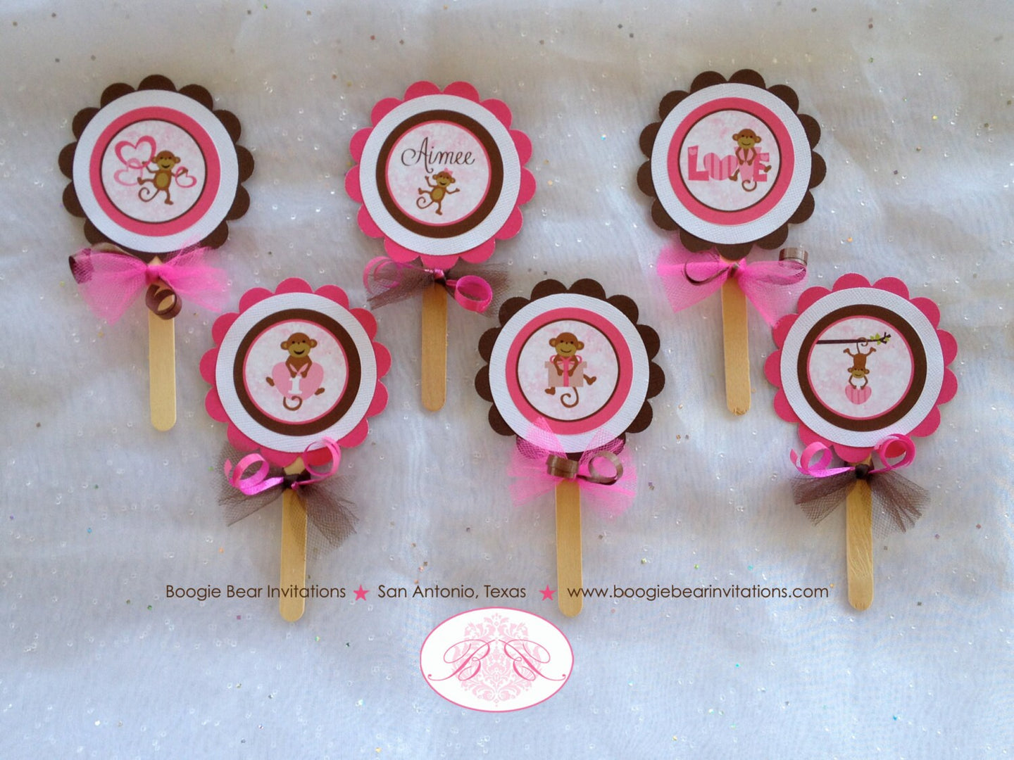 Pink Love Monkey Party Cupcake Toppers Birthday Little Valentine's Day Girl Heart Wild Zoo Jungle Swing Boogie Bear Invitations Aimee Theme