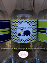 Load image into Gallery viewer, Blue Elephant Baby Shower Bottle Wraps Wrappers Cover Label Navy Lime Green Chevron Wild Zoo Animals Boogie Bear Invitations Sloane Theme