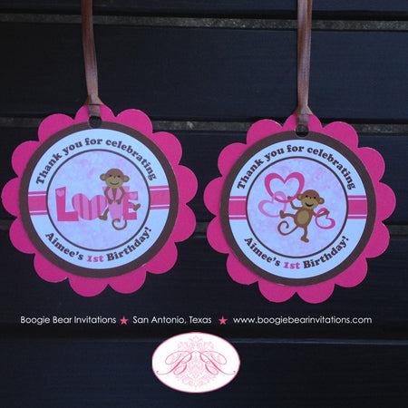 Pink Monkey Birthday Party Favor Tags Love Valentine's Day Brown Heart Wild Rain Forest Jungle Zoo Swing Boogie Bear Invitations Aimee Theme