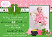 Load image into Gallery viewer, Lucky Charm Birthday Party Invitation Photo Pink St. Patrick&#39;s Day Girl 1st Boogie Bear Invitations Eileen Theme Paperless Printable Printed