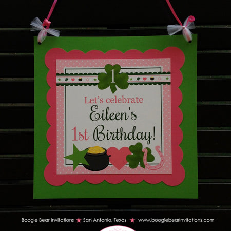 Lucky Charm Party Door Banner Birthday St Patrick's Day Pink Green Girl Heart Shamrock Star Clover Luck Boogie Bear Invitations Eileen Theme