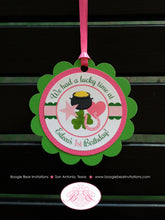 Load image into Gallery viewer, Lucky Charm Birthday Party Favor Tags St. Patrick&#39;s Day Shamrock Clover Pink Green Pot of Gold Rainbow Boogie Bear Invitations Eileen Theme