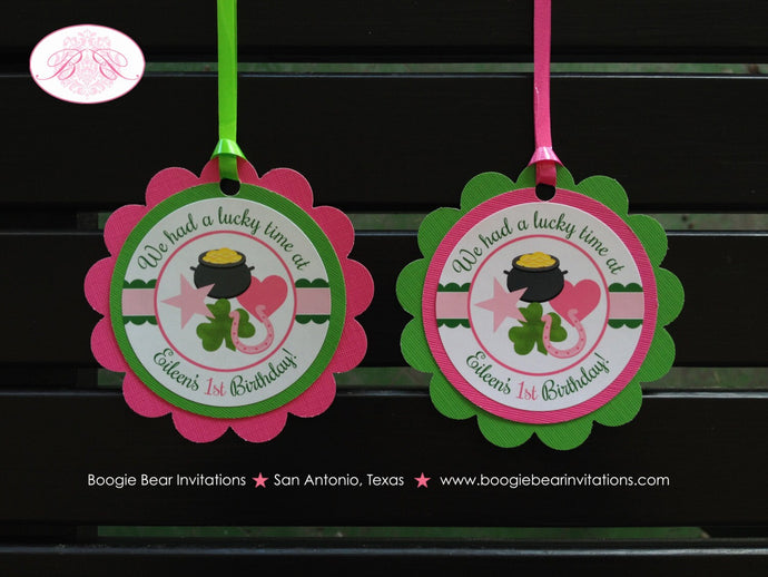 Lucky Charm Birthday Party Favor Tags St. Patrick's Day Shamrock Clover Pink Green Pot of Gold Rainbow Boogie Bear Invitations Eileen Theme