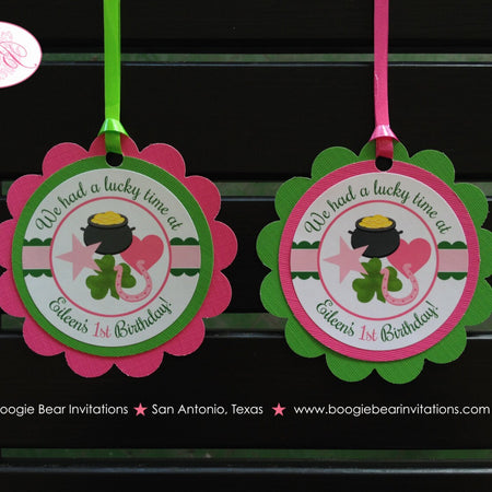 Lucky Charm Birthday Party Favor Tags St. Patrick's Day Shamrock Clover Pink Green Pot of Gold Rainbow Boogie Bear Invitations Eileen Theme