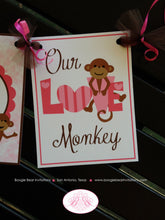 Load image into Gallery viewer, Pink Monkey Birthday Party Banner Name Love Valentine&#39;s Day Girl Brown Heart Little Wild Jungle Zoo Kids Boogie Bear Invitations Aimee Theme