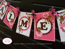 Load image into Gallery viewer, Pink Monkey Birthday Party Banner Name Love Valentine&#39;s Day Girl Brown Heart Little Wild Jungle Zoo Kids Boogie Bear Invitations Aimee Theme