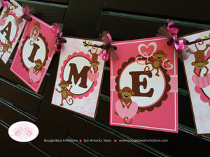 Pink Monkey Birthday Party Banner Name Love Valentine's Day Girl Brown Heart Little Wild Jungle Zoo Kids Boogie Bear Invitations Aimee Theme