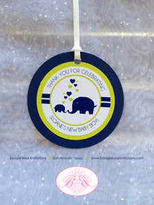 Blue Elephant Baby Shower Favor Tags Birthday Circle Navy Lime Green Heart Bag Gender Neutral Reveal Boogie Bear Invitations Sloane Theme