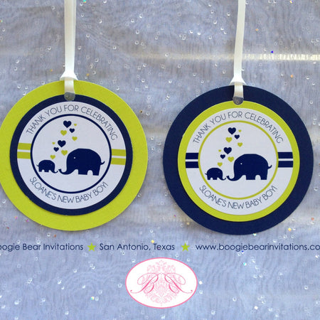 Blue Elephant Baby Shower Favor Tags Birthday Circle Navy Lime Green Heart Bag Gender Neutral Reveal Boogie Bear Invitations Sloane Theme