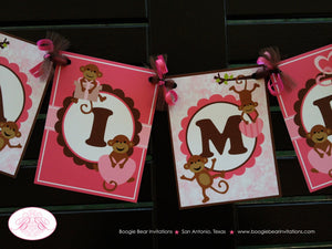 Pink Monkey Birthday Party Banner Name Love Valentine's Day Girl Brown Heart Little Wild Jungle Zoo Kids Boogie Bear Invitations Aimee Theme