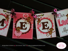 Load image into Gallery viewer, Pink Monkey Birthday Party Banner Name Love Valentine&#39;s Day Girl Brown Heart Little Wild Jungle Zoo Kids Boogie Bear Invitations Aimee Theme