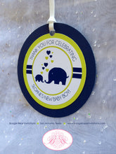 Load image into Gallery viewer, Blue Elephant Baby Shower Favor Tags Birthday Circle Navy Lime Green Heart Bag Gender Neutral Reveal Boogie Bear Invitations Sloane Theme