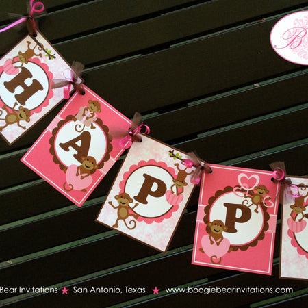 Pink Monkey Happy Birthday Banner Love Valentine's Day Party Girl Brown Heart Little Wild Jungle Zoo Kids Boogie Bear Invitation Aimee Theme