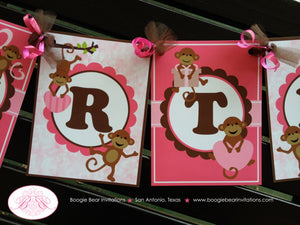 Pink Monkey Happy Birthday Banner Love Valentine's Day Party Girl Brown Heart Little Wild Jungle Zoo Kids Boogie Bear Invitation Aimee Theme