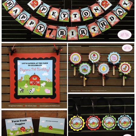Farm Animals Birthday Party Package Petting Zoo Barn Girl Boy Horse Cow Pig Sheep Chick Lamb Country Boogie Bear Invitations Peyton Theme
