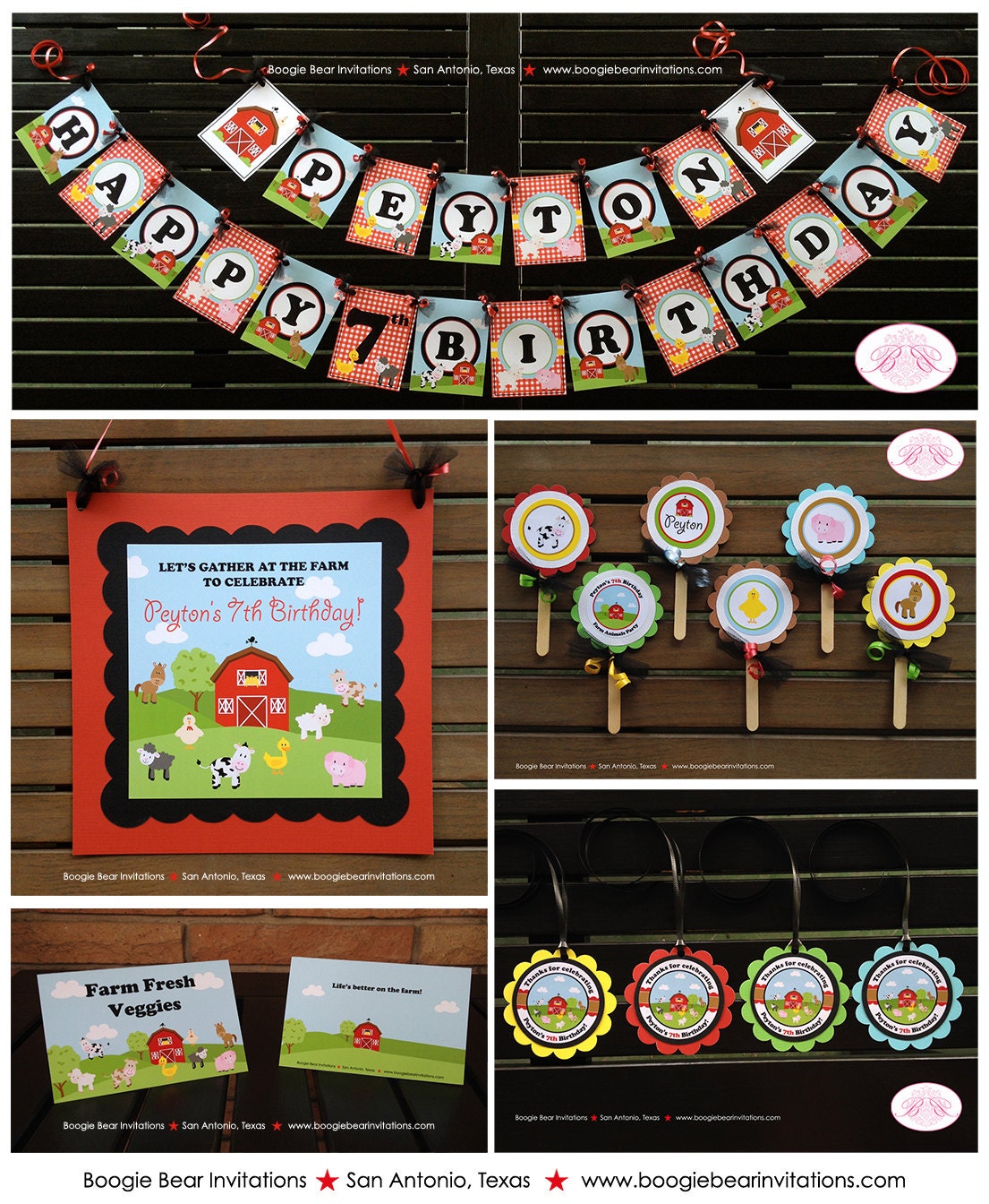 Farm Animals Birthday Party Package Petting Zoo Barn Girl Boy Horse Cow Pig Sheep Chick Lamb Country Boogie Bear Invitations Peyton Theme