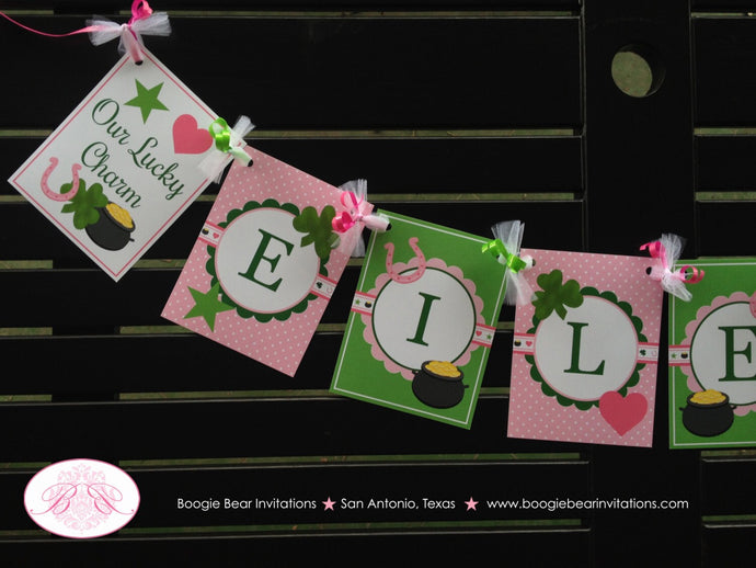 Lucky Charm Birthday Party Banner Name St. Patrick's Day Pink Girl Star Heart 4 Leaf Clover Shamrock Boogie Bear Invitations Eileen Theme