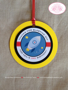 Outer Space Birthday Party Favor Tags Rocket Ship Moon Red Boy Girl Galaxy Planets Solar System Travel Boogie Bear Invitations Neil Theme