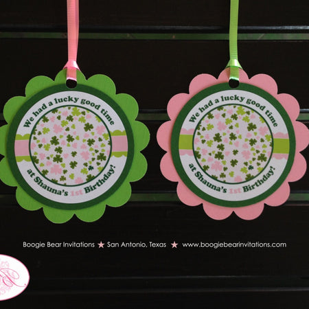 Pink Shamrock Birthday Party Favor Tags Lucky Charm St. Patrick's Green 4 Leaf Clover Garden Holiday Boogie Bear Invitations Shauna Theme