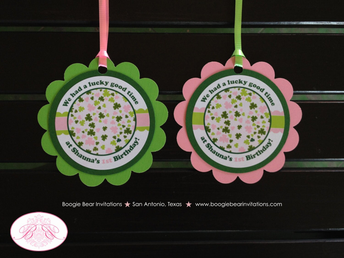 Pink Shamrock Birthday Party Favor Tags Lucky Charm St. Patrick's Green 4 Leaf Clover Garden Holiday Boogie Bear Invitations Shauna Theme
