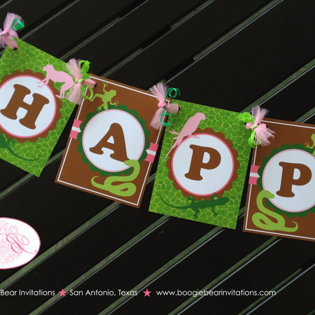 Pink Rainforest Birthday Party Banner Girl Happy Reptile Snake Frog Rain Forest Amazon Jungle Wild Zoo Boogie Bear Invitations Sophia Theme