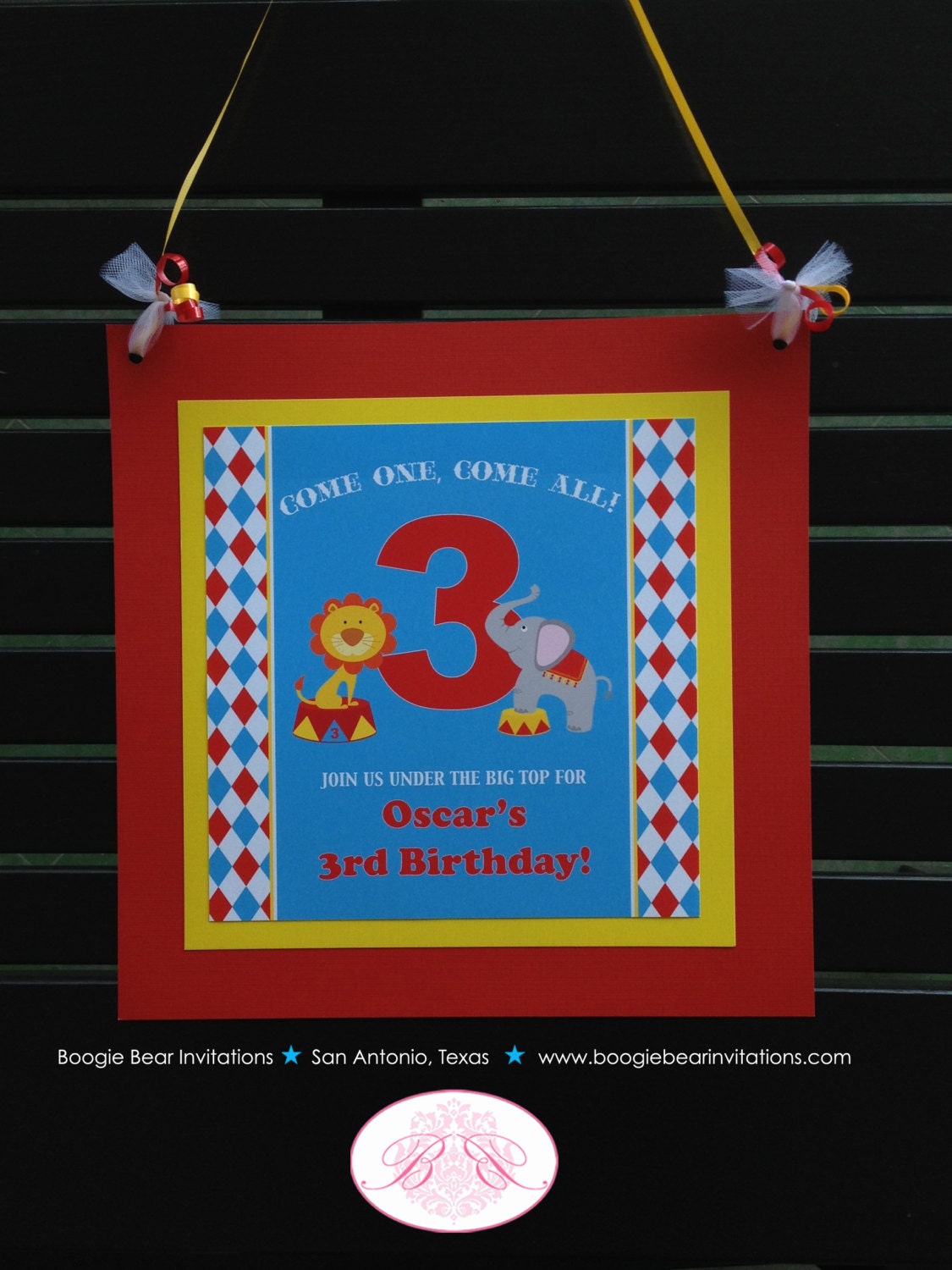 Circus Birthday Party Door Banner Happy Animals Girl Boy 3 Ring Tiger Lion Red Yellow Blue Elephant Seal Boogie Bear Invitations Oscar Theme