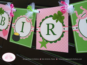 Lucky Charm Happy Birthday Banner Girl St. Patrick's Day Pink Party Green Clover Shamrock Heart Star Boogie Bear Invitations Eileen Theme