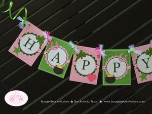 Lucky Charm Happy Birthday Banner Girl St. Patrick's Day Pink Party Green Clover Shamrock Heart Star Boogie Bear Invitations Eileen Theme
