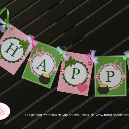 Lucky Charm Happy Birthday Banner Girl St. Patrick's Day Pink Party Green Clover Shamrock Heart Star Boogie Bear Invitations Eileen Theme