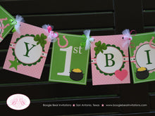 Load image into Gallery viewer, Lucky Charm Happy Birthday Banner Girl St. Patrick&#39;s Day Pink Party Green Clover Shamrock Heart Star Boogie Bear Invitations Eileen Theme