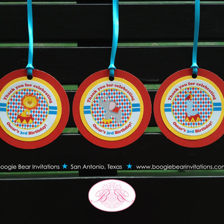 Circus Animals Birthday Party Favor Tags Circle Bag Gift Red Blue Yellow Girl Boy Zoo Showman Big Top Boogie Bear Invitations Oscar Theme