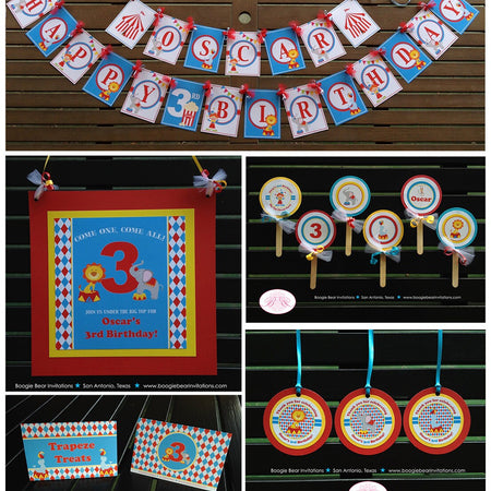 Circus Birthday Party Package Boy Girl Lion Clown Seal Monkey Tiger Elephant Big Top Harlequin Zoo Show Boogie Bear Invitations Oscar Theme