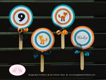 Load image into Gallery viewer, Woodland Fox Birthday Party Cupcake Toppers Orange Blue Brown Boy Girl What the Fox Say Forest Woodland Boogie Bear Invitations Hadley Theme